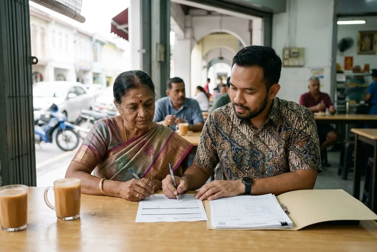 Hidayat helping an elderly woman fill in a claim form at a kopitiam