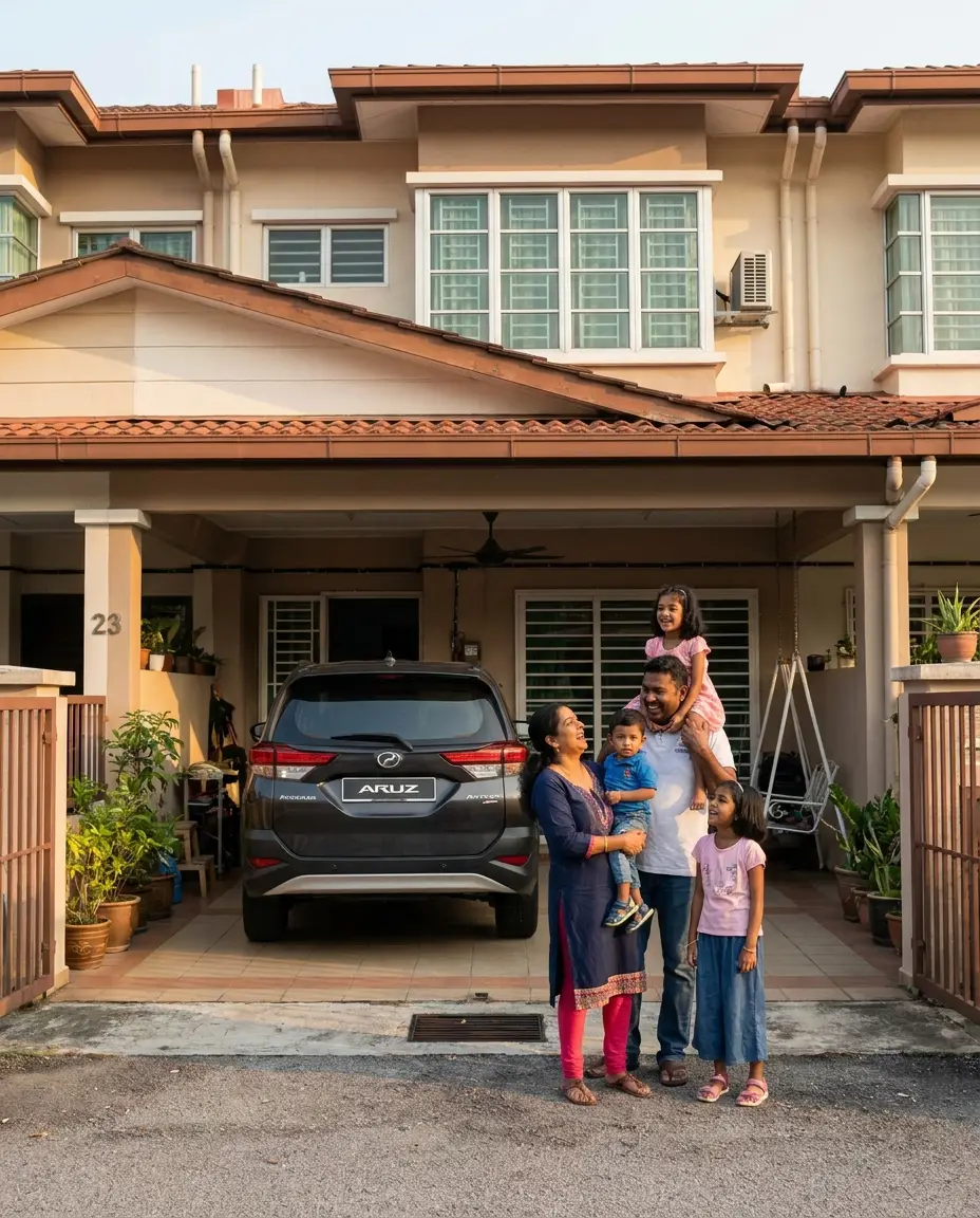 A young Indian Malaysian family laughing in front of their terrace house
