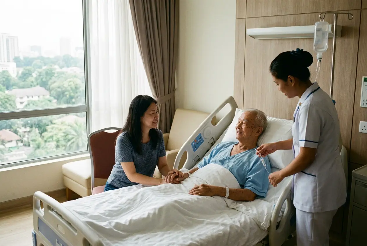 A daughter beside her father's hospital bed in a private ward